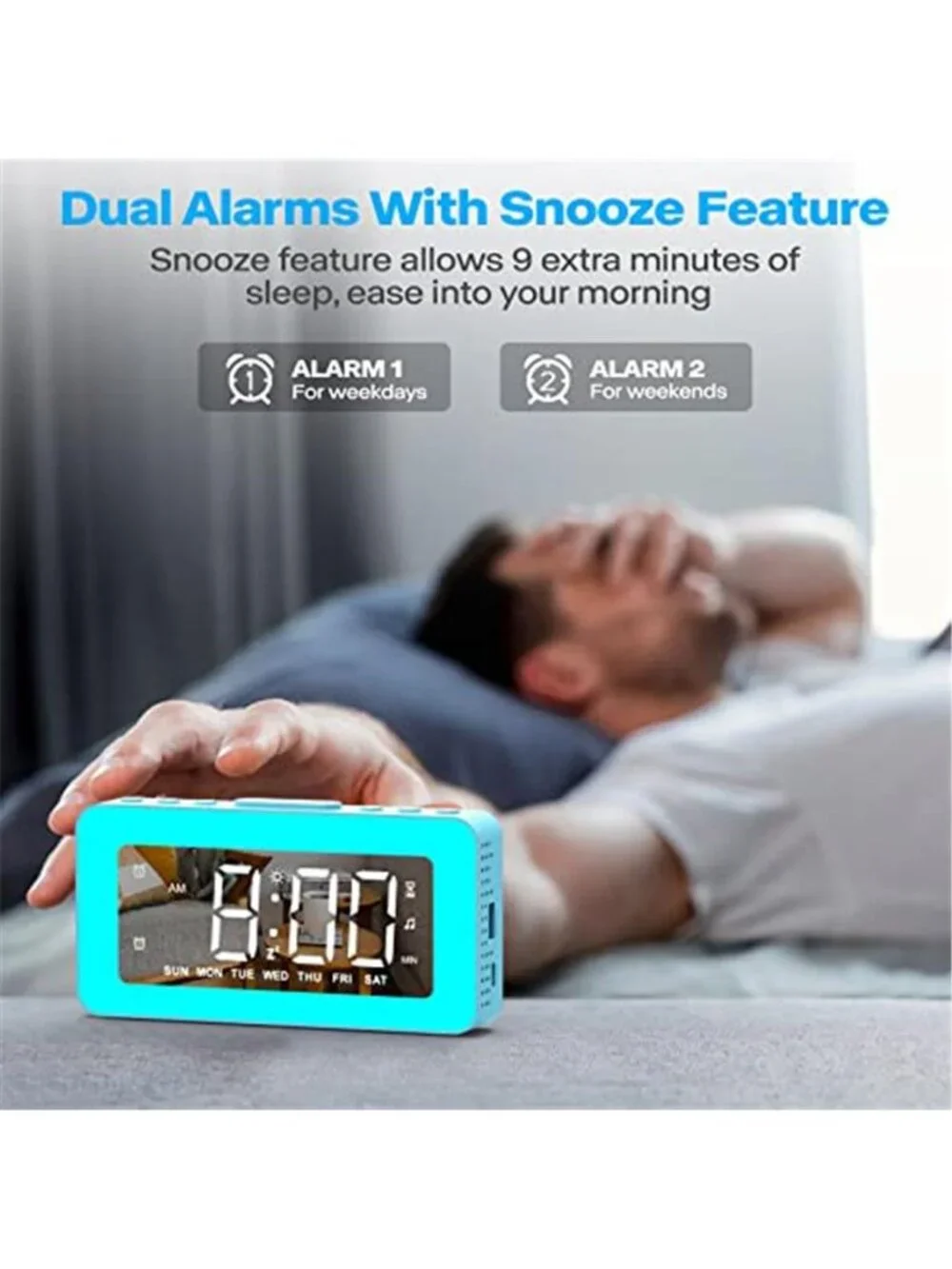 LED Alarm Clock Digital Mirror Display RGB Night Light Dual Alarm USB Charger